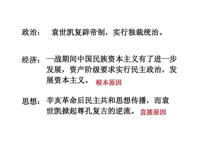 政治: 袁世凯复辟帝制,实行独裁统治.