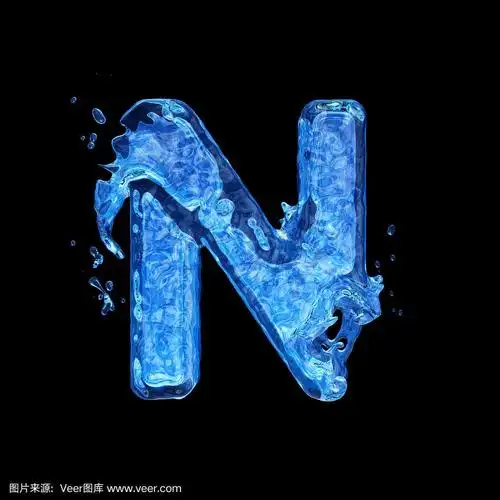 大写字母n由水滴和飞溅在黑色背景上孤立的水构成