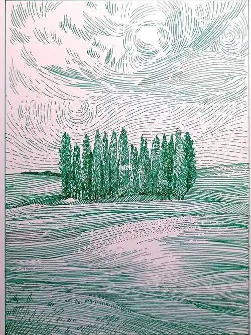 钢笔画旷野中的树丛