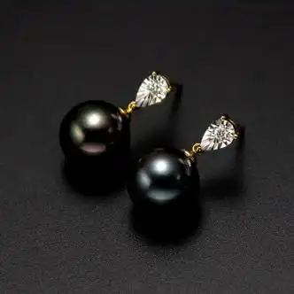 蘑菇说9-10mm海水黑珍珠耳环正圆强光无瑕18k金钻石耳钉韩国风 黑色 1