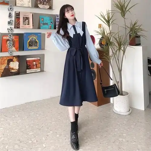 学院风假两件少女连衣裙2021年新款秋冬女装中学生衬衫裙藏青色3xl