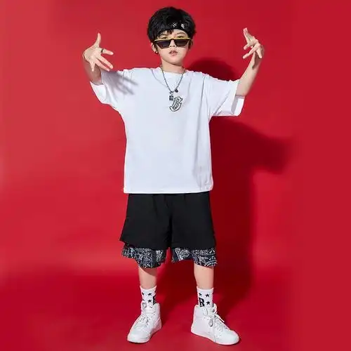 童装时尚女童夏男童舞蹈演出服少儿潮牌短袖儿童嘻哈潮流街舞套装