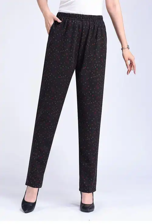 妈妈加绒裤子秋冬加厚中老年女裤大码高腰宽松直筒奶奶花色休闲裤