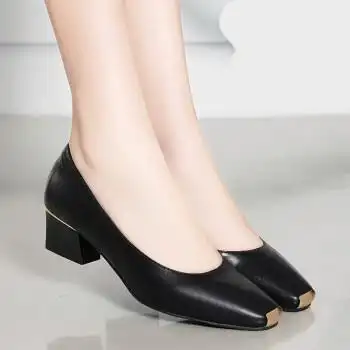 半高跟女士皮鞋软皮单鞋女中跟春秋新款方头浅口粗跟休闲平底鞋职业单