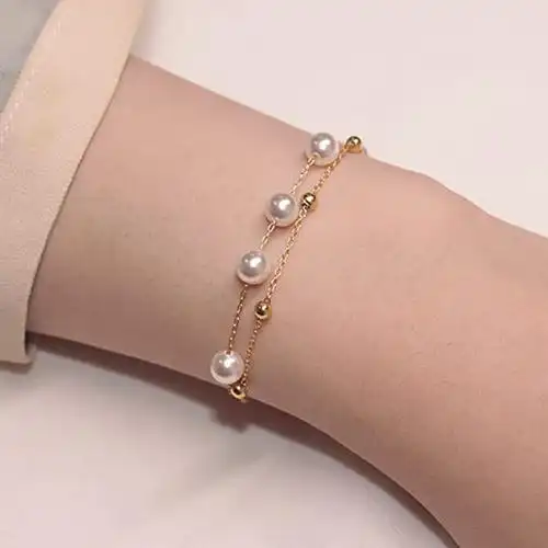 yiendoo 独特小珍珠手链链金色分层串珠手链珍珠卫星链手带精致珍珠