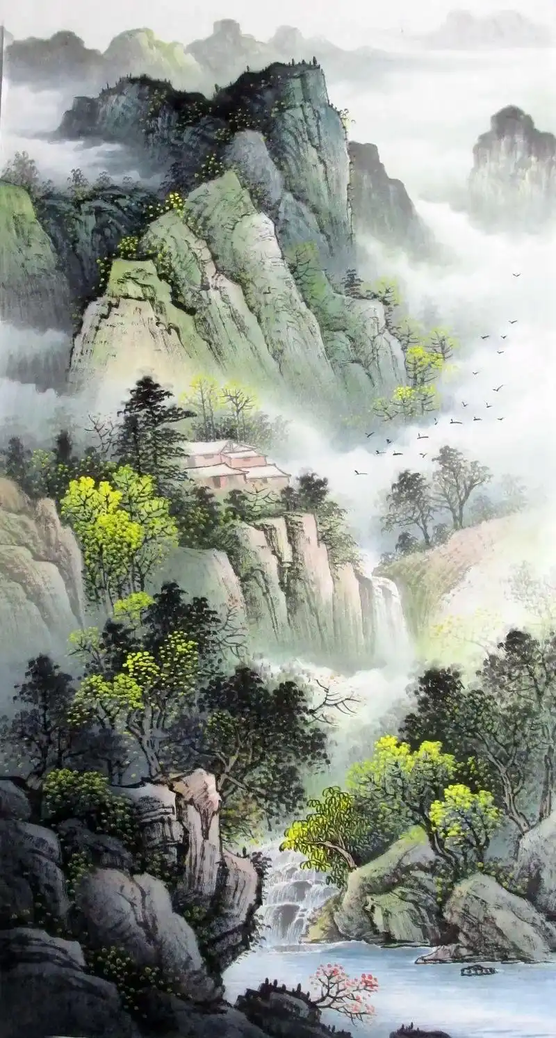 纯手绘国画山水画三尺竖幅山清水秀100x50cm