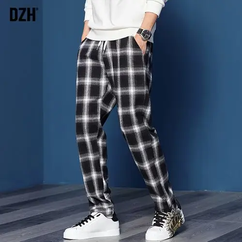 男士休闲裤黑白格子裤男直筒宽松裤子男夏季长裤直筒裤潮流束脚裤