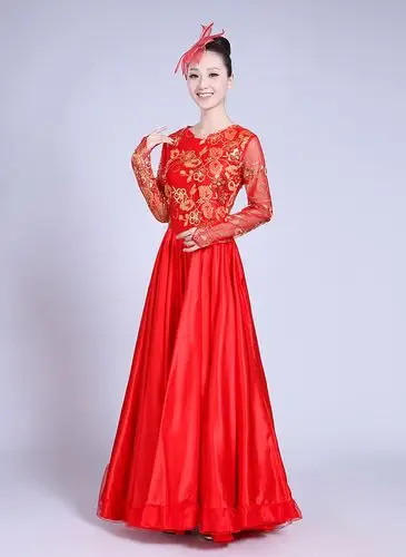 新款民族舞蹈服女装大合唱长裙舞台服开场舞扇子舞大摆裙演出服装