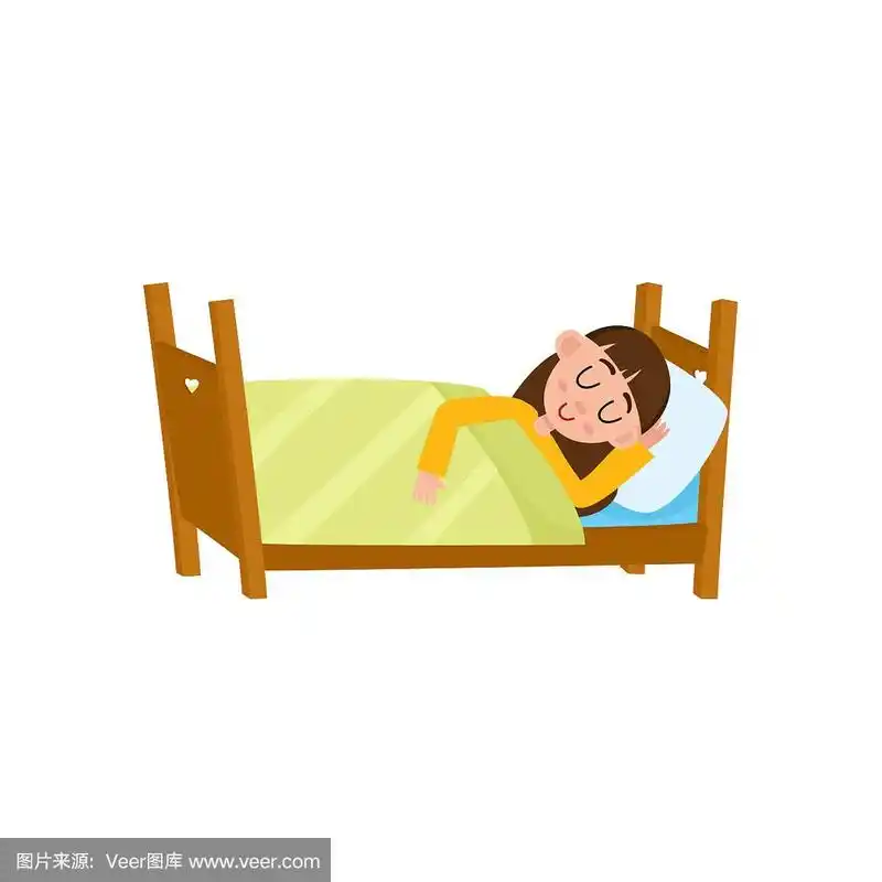 矢量平面卡通女孩睡在床上