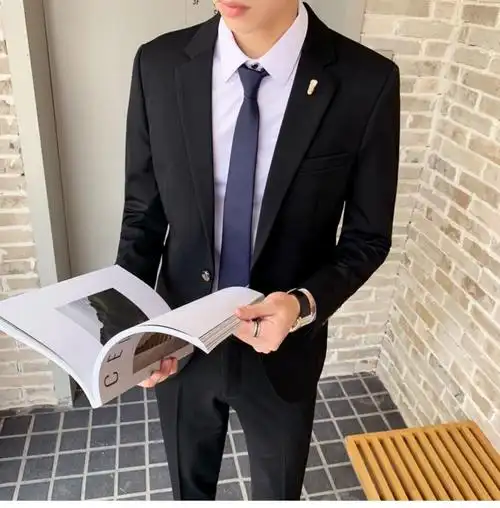 罗蒙romon轻奢品牌2021秋新款帅气西装男套装青年韩版潮流学生休闲