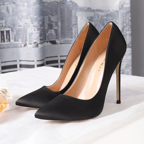 12cm裸色真丝绸缎面性感超细跟高跟鞋女10cm尖头浅口黑色ol女鞋