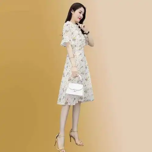 甜美雪纺连衣裙夏季女装2021a年新款温柔风气质小清新碎花仙女裙