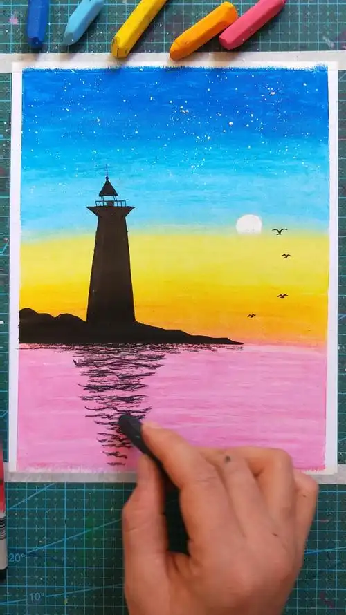 油画棒教你画海景灯塔,步骤简单易学,一看就会系列.-度小视