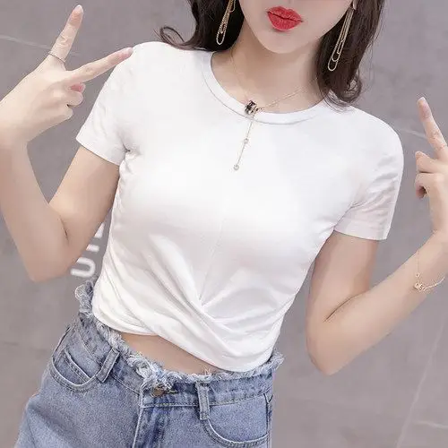 短袖t恤女夏2018新款韩版学生高腰短款白色紧身露肚脐小心机上衣_7折