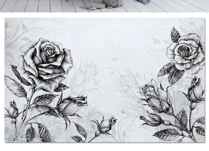 黑白线条素描玫瑰花现代北欧电视背景墙