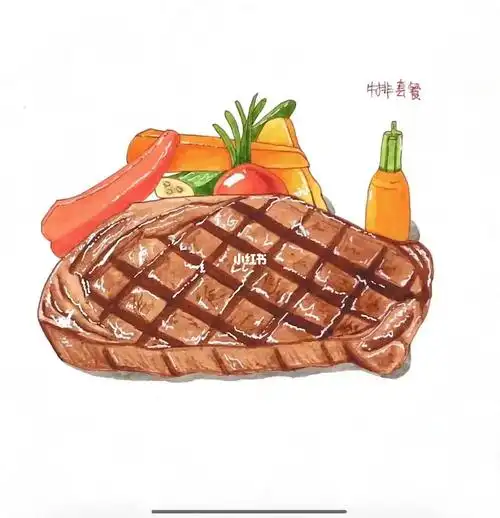 手绘水彩牛排套餐