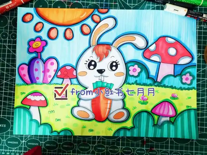 创意儿童画小兔子带线稿