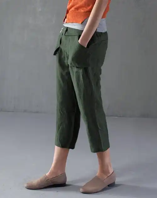 深军绿棉麻休闲百搭七分裤