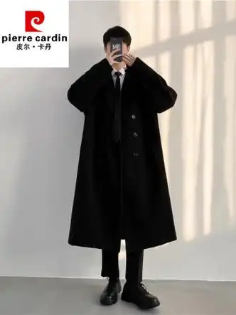 毛呢大衣男士韩版秋冬季羊绒加厚呢子过膝风衣冬装韩系外套黑色厚款m