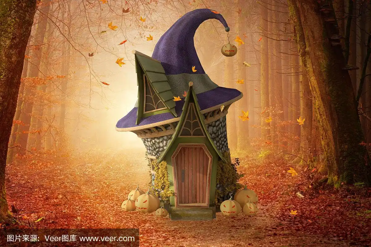 幻想女巫的房子在秋天的森林,3d渲染