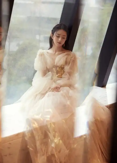 赵丽颖身着设计师郭培设计的水光鎏金裙,腰间和裙摆精美烫金羽毛与廓