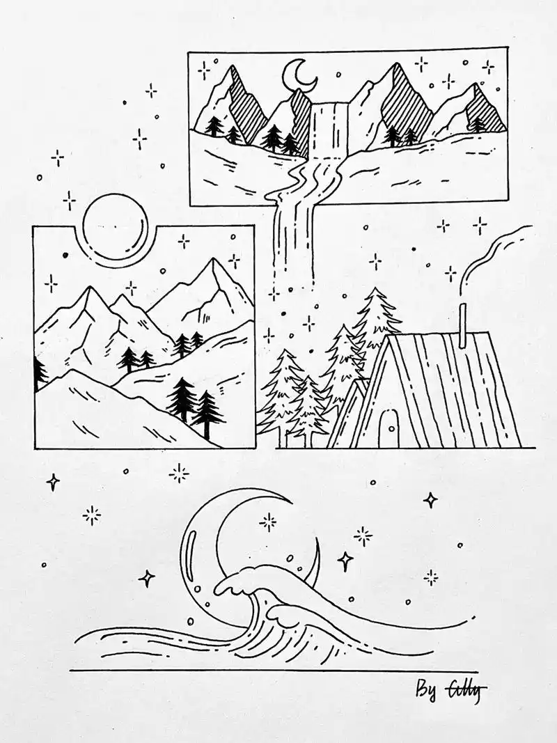 创意黑白简笔画78(40)|星空分镜第二弹 #画画 #简笔画  - 抖音