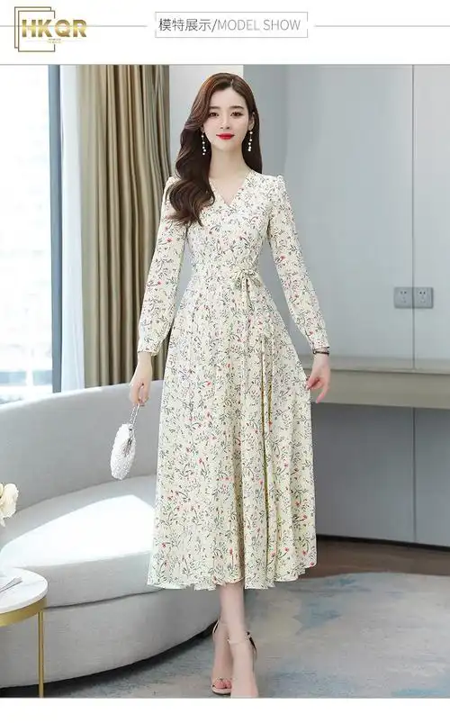 hkqr高端女装品牌连衣裙女士中青年夏季新款气质洋气碎花连衣裙女装