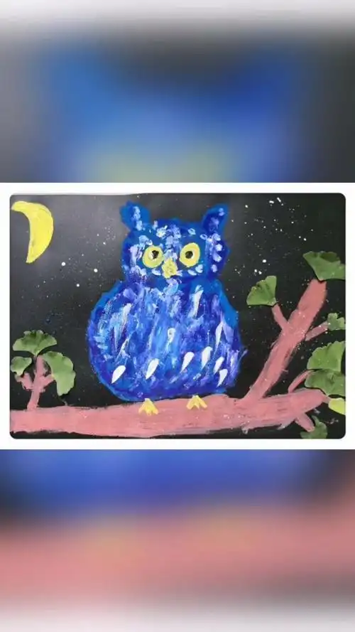 儿童水粉颜料画《猫头鹰》