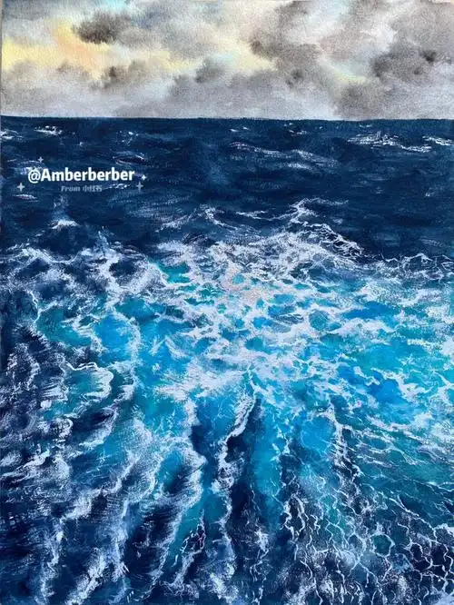 水彩回头看到的波涛汹涌的大海附过程