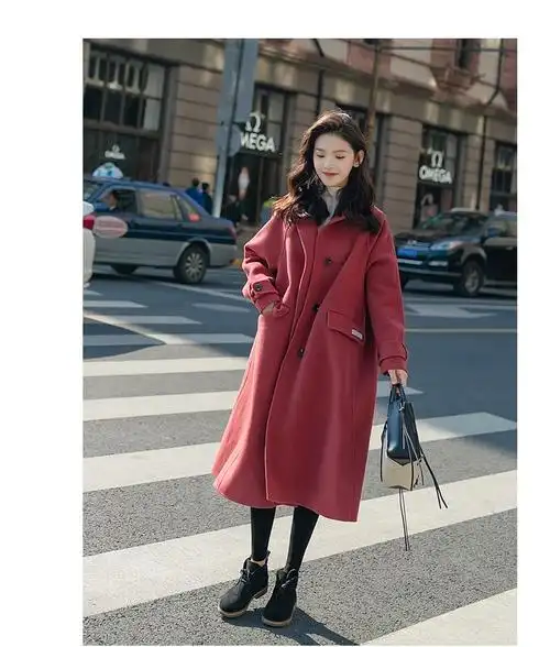 实拍ins西瓜红学院风贴标翻领单排扣宽松大码羊毛呢子大衣外套女