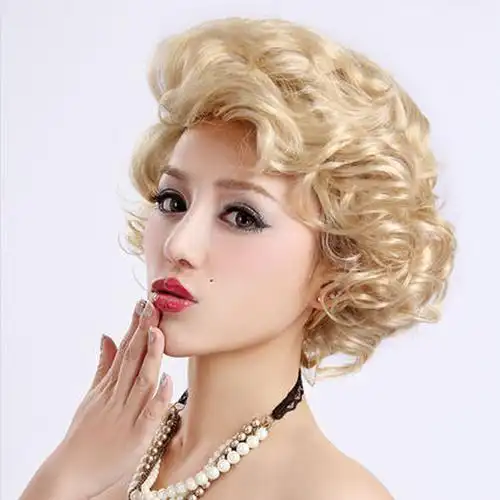 金色欧美短卷发 蓬松女生斜刘海假发 玛丽莲梦露经典复古女士假发