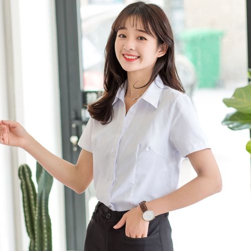 新款白衬衫女v字领短袖春夏修身职业工装大码办公银行通勤工作服