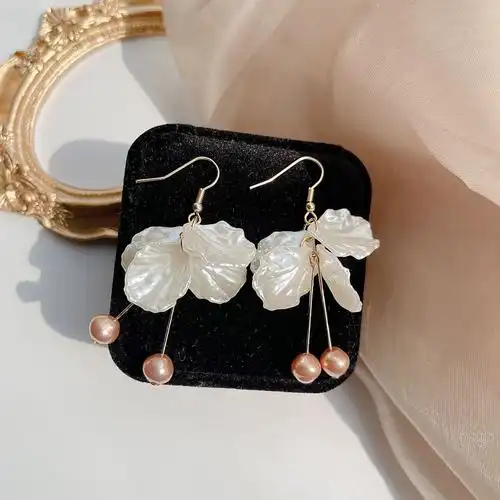 日系白色贝壳花瓣耳环 唯美韩国耳饰无耳洞耳夹简约小清新饰品女