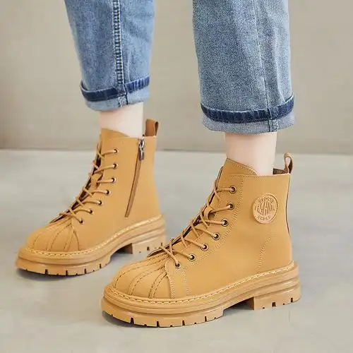木林森女鞋新款英伦风中筒马丁靴女春秋单靴厚底百搭短靴增高女靴