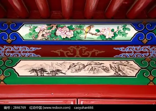 古建筑上彩绘的花鸟山水画图片