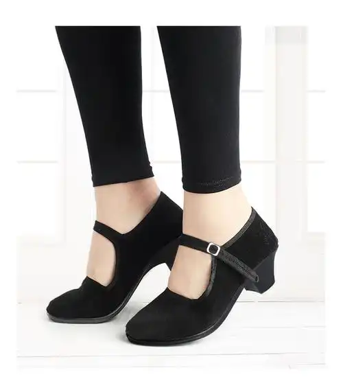 舞蹈鞋黑色民族舞鞋女舞蹈黑跟鞋考级专用东北民间黑布鞋 黑色-平跟