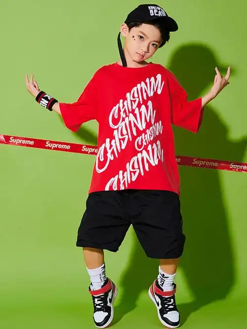嘻哈儿童街舞套装男童演出服装韩版少儿hiphop衣服帅气宽松短袖潮_折2
