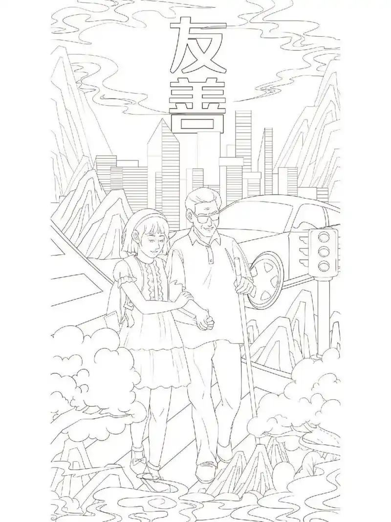 友善民主富强国潮插画