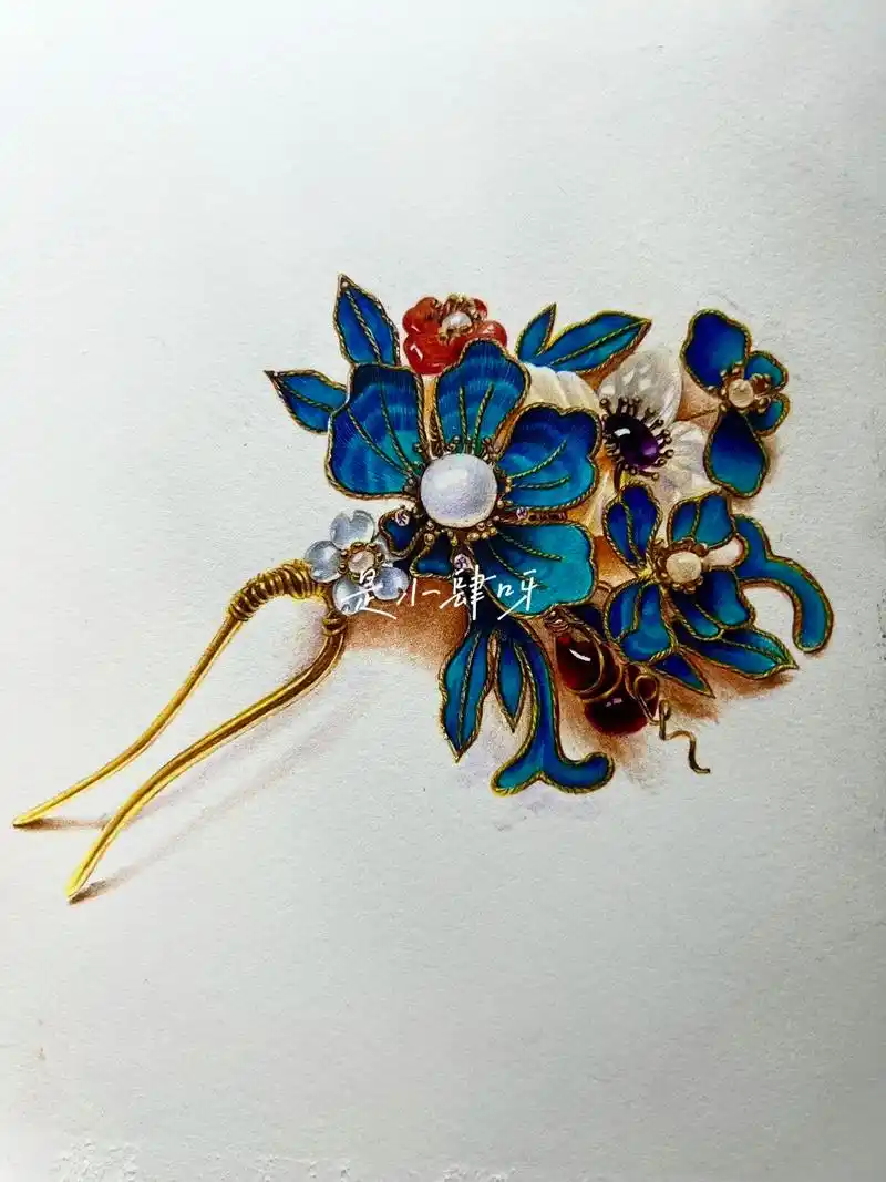 【彩铅】点翠发钗.#手绘 #彩铅 #发钗 #古风饰品 #古风 - 抖音