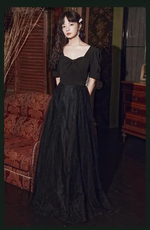 黑色晚礼服女2021新款秋冬声乐艺考法式成人礼宴会气质年会连衣裙