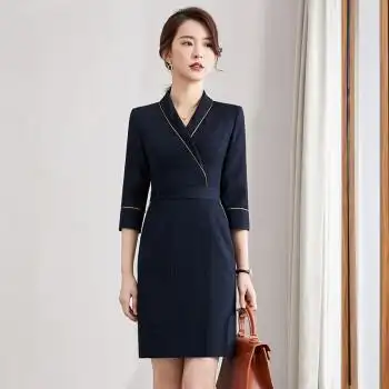高端职业连衣裙女装秋季韩版ol女神范银行正装工作服工装裙子藏青色七