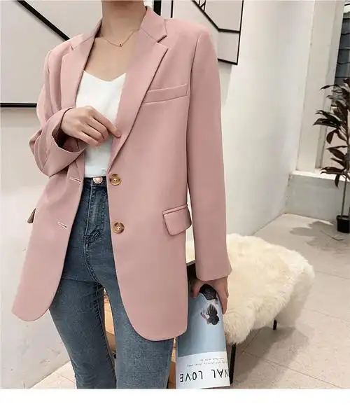 韩国2021秋季新款网红小西装外套女韩版宽松休闲小个子粉色西服上衣潮