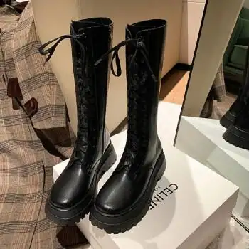 phry高筒长靴女2022年秋厚底增高马丁靴单靴子系带骑士靴不过膝长筒靴