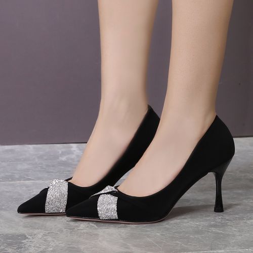 2022新款时尚百搭韩版浅口气质高跟鞋细跟8cm黑色绒面尖头女单鞋