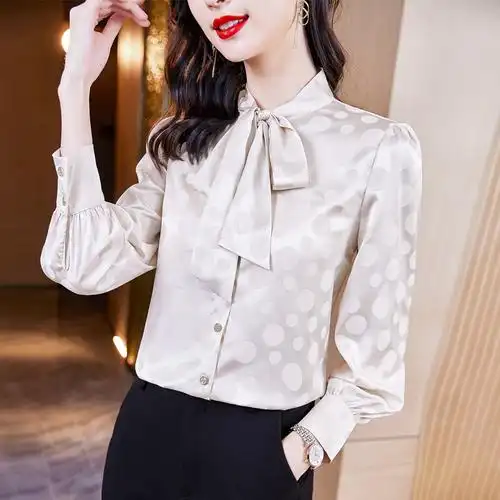 设计高级感衬衫女真丝长袖新款春秋季蝴蝶结轻奢气质小众波点上衣