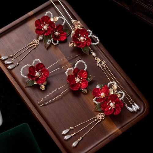 复古唯美红色胭脂山茶古风流苏汉服发饰套装新娘结婚敬酒服头饰女