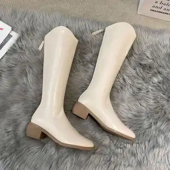 高筒靴女秋冬新款高跟骑士靴粗跟高筒皮靴白色显瘦百搭不过膝 米白色