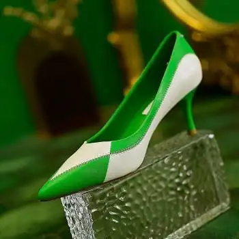 高跟鞋女软皮细跟时尚宴会鞋年春季新款尖头浅口拼色单鞋绿色跟高6cm
