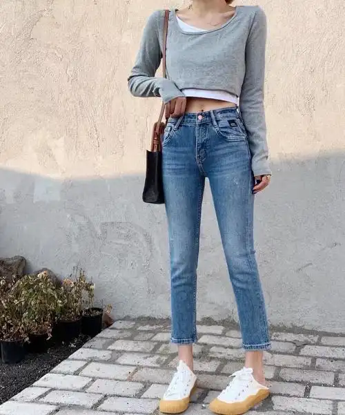 佐娜浅蓝明线设计牛仔烟管裤女2021春季新款牛仔裤