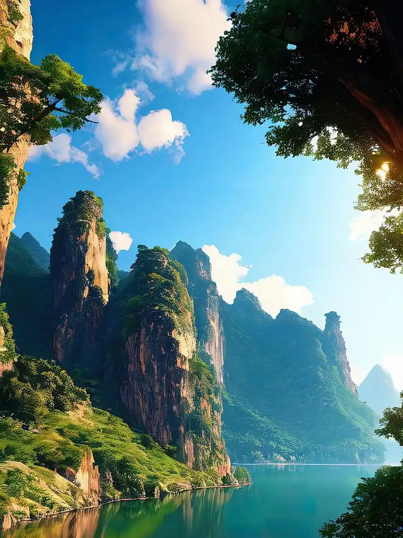 山川美景朝霞下的大自然风景古风插画15